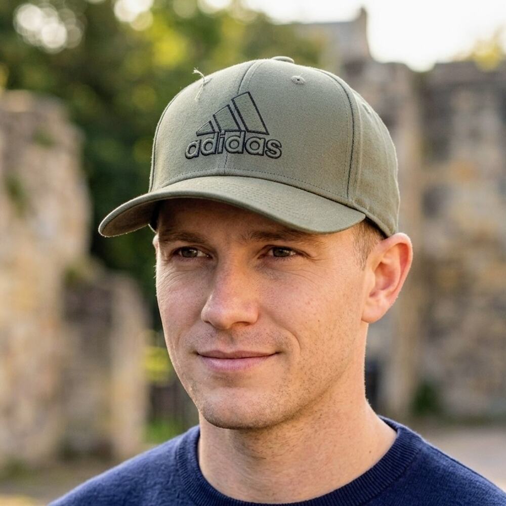 Adidas Mens Olive Green Stretch Fitted Hat Baseball Cap Embroidered Big Logo